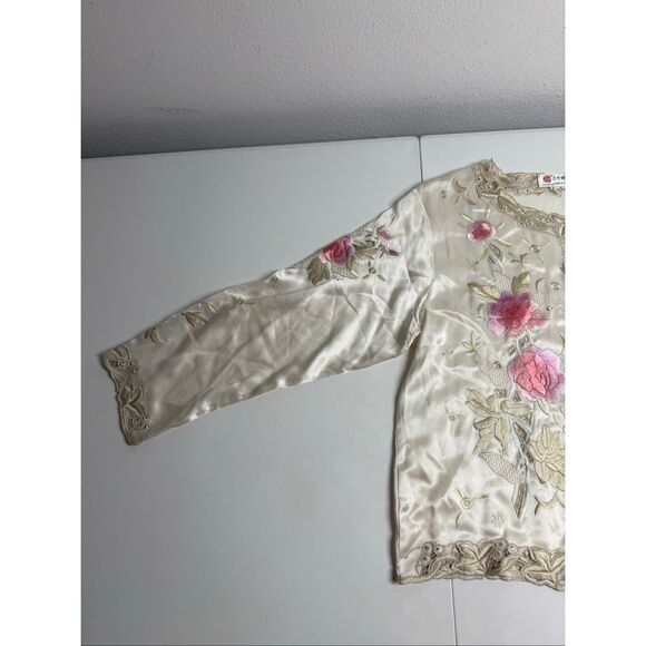 VTG Beautifulleaf Chinese Silk Embroidered Floral Top Blouse Button Up Sz XL - Picture 4 of 12